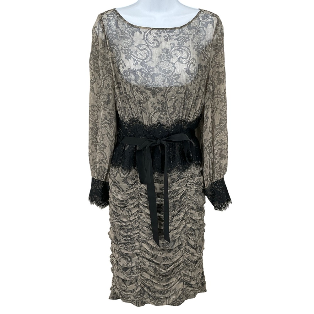Tadashi Shoji Dress Women 8 Grey Silk Lace Ruched Long‎ Sleeve Cocktail